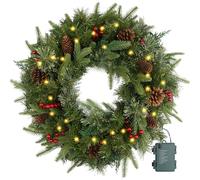 Couronne de Noël pré-éclairée de 61 cm avec 50 lumières et pommes de pin, couronnes de Noël artificielles pour porte d'entrée avec lumières, couronne pour décoration de Noël, porte, fenêtre, mur (vert