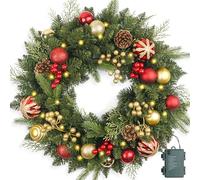 Couronne de Noël pré-éclairée de 61 cm avec 50 Pommes de pin Lumineuses et Boules Rouges dorées, couronnes de Noël artificielles pour Porte d'entrée avec lumières, Couronne pour décoration de Noël,
