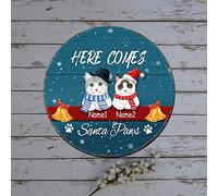 Couronne de Noël ronde en métal à suspendre avec nom de chat « Here Comes Santa Paw » - Décoration de Noël rustique pour bar, café, restaurant, garage - 30,5 cm