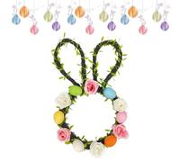 Couronne de Pâques - Décoration printanière en plastique | Couronne de Pâques rurale avec oreilles de lapin, œufs et fleurs,Pour intérieur et extérieur, maison, ferme, salon, entrée et manteau de