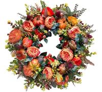 Couronne de pivoine d'automne artificielle et de citrouille pour porte d'entrée - Couronne d'automne rustique - Couronne de pivoine citrouille durable avec rose, érable, baie, pour Halloween,