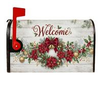 Couronne de poinsettia de Noël avec couverture magnétique pour boîte aux | Fond en bois blanc rustique, enveloppes de boîte aux lettres, grelots dorés, accents de baies de houx