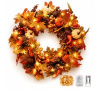Couronne de porte d'automne de 50 cm, couronne de feuilles d'érable artificielles pour porte d'entrée et de Noël d'intérieur - Grande couronne de récolte avec citrouille et baies pour Halloween