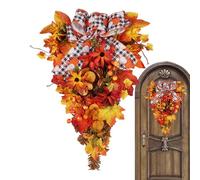 Couronne de Porte d'automne - Décoration de Saison des Récoltes,Couronne avec Noeud Feuilles d'Érable Baies Action de Grâces pour Foyer Porche Fenêtre Cuisine Intérieur Extérieur