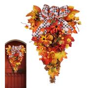 Couronne de Porte d'automne, Decoration Murale et de Manteau, Couronne avec Noeud Feuilles d'Érable Baies Action de Grâces pour Foyer Porche Fenêtre Cuisine Intérieur Extérieur