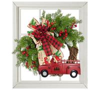 Couronne de Porte de Noël Artificielle 18 Pouces avec Camion Rouge et nœud, Grand décor extérieur et intérieur