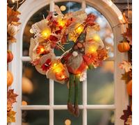 Couronne de porte décorative d'automne avec guirlande lumineuse, 43 cm, couronne d'automne lumineuse, tournesol, couronne d'automne, citrouille, feuille d'érable, épouvantail, poupée sans visage