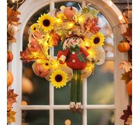 Couronne de porte décorative d'automne avec guirlande lumineuse, 43 cm, couronne d'automne lumineuse, tournesol, couronne d'automne, citrouille, feuille d'érable, épouvantail, poupée sans visage
