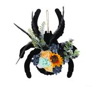 Couronne de porte d'Halloween avec plaque en bois d'araignée et arrangement floral, convient pour la décoration saisonnière de maison hantée