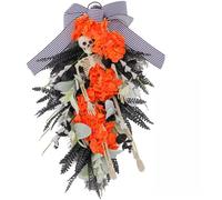 Couronne de porte Halloween crâne orange fleur 29 x 8 x 47 cm | Couronne de porte effrayante d'Halloween avec un crâne détaillé et des fleurs oranges pour créer un affichage festif