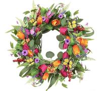 Couronne de printemps artificielle de 55,9 cm avec papillons, eucalyptus et marguerites pour décoration de porte d'entrée, suspension murale réaliste en soie pour intérieur ou extérieur, mariage