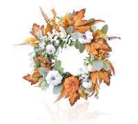 Couronne de récolte d'automne de 40 cm avec citrouilles et baies artificielles festives, orange et blanc, décoration d'intérieur saisonnière pour porte et mur (roses de l'Action de grâce)