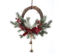 Couronne de saison en rotin avec cloches et nœuds, ornée d'aiguilles de pin et de baies rouges, parfaite pour une décoration festive en intérieur et en extérieur (B)