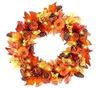 Couronne de simulation d'automne avec lumière LED 40 cm Feuille d'érable Guirlande de baies de citrouille Couronne de porte artificielle en rotin Décoration d'automne à suspendre pour Halloween Que l
