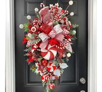Couronne de sucre d'orge de Noël pour porte d'entrée - Rouge et blanc en forme de larme