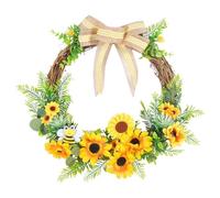 Couronne de tournesol artificiel avec feuilles vertes et nœud en rotin pour porte d'entrée, Pâques, automne, couronne de porte à suspendre