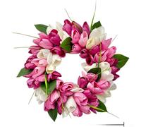 Couronne de tulipes - 30 cm - Rose et blanc - Décoration florale printanière pour porte de maison, mur de porte - Plastique résistant aux intempéries - Fête des mères
