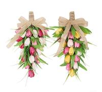 Couronne de tulipes artificielles de 45 cm avec nœud en toile de jute - Couronne en forme de larme pour porte d'entrée, porche et décoration murale, décoration saisonnière de printemps et d'été (jaune
