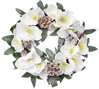 Couronne décorative avec roses de Noël artificielles et pommes de pin 32cm, aspect givré