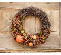 Couronne décorative "Décoration d'automne" en brindilles avec des pommes de pin naturelles, des citrouilles, des feuilles et des baies, couronne de porte, couronne murale