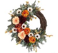 Couronne décorative pour Thanksgiving avec éléments de tournesol pivoine et citrouille en plastique et soie pour une utilisation saisonnière répétée (40 cm)