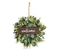 Couronne d'eucalyptus Verte avec Panneau de Bienvenue - Couronne d'eucalyptus Artificielle Printemps-été avec Baies Blanches pour Porte d'entrée, Mur, fenêtre, Festival, Porche, Ferme, terrasse