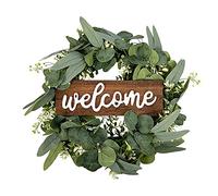 Couronne d'eucalyptus verte avec panneau de bienvenue - Couronne d'eucalyptus artificielle printemps-été avec baies blanches pour porte d'entrée, mur, fenêtre, festival, porche, ferme, terrasse
