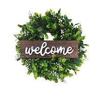 Couronne d'eucalyptus verte avec panneau de bienvenue - Couronne d'eucalyptus artificielle printemps-été avec baies blanches pour porte d'entrée, mur, fenêtre, festival, porche, ferme, terrasse