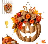 Couronne d'halloween Lumineuse en Toile de Jute avec citrouilles et télécommande - Style Ferme Rustique pour intérieur et extérieur Porche, Porte, Mur (Without Lights,1pc)