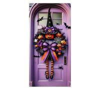 Couronne d'Halloween pour porte d'entrée, couronne de porte d'entrée d'Halloween avec chapeau, jambes de sorcière, citrouille, décoration d'Halloween pour la maison, les vacances (violet, 180 x 90 cm)