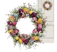 Couronne d'œufs de tulipes de Pâques - Guirlande de printemps artificielle, cercle de porte décoratif | Arrangement floral coloré de vacances, pour intérieur et extérieur, salon, fenêtre, mur, porche,