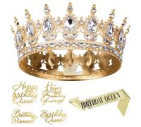 Couronne en cristal pour femme et fille - Couronne d'anniversaire pour gâteau - Décoration de gâteau princesse reine dorée avec 4 décorations de gâteau d'anniversaire et écharpe d'anniversaire pour