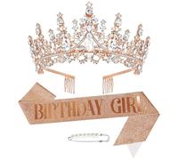 Couronne et Écharpe Anniversaire pour Femmes Tiare Couronnes de Reine Strass et Broche en Perles Kit Diadème Echarpe “Birthday Girl” avec Paillettes Décoration Ensemble d'Anniversaire Cadeau