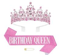 Couronne et écharpe d'anniversaire, écharpe de reine et diadème en strass pour femme, décoration de fête d'anniversaire, rose, taille unique