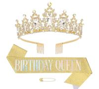 Couronne et écharpe d'anniversaire, écharpe de reine et diadème en strass pour femme, décoration de fête d'anniversaire, doré, taille unique
