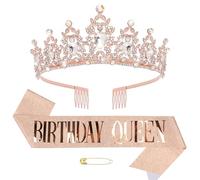 Couronne et écharpe d'anniversaire, écharpe de reine et diadème en strass pour femme, décoration de fête d'anniversaire, rose gold, taille unique