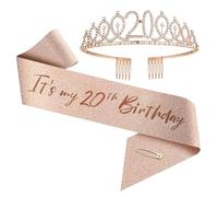 Couronne et écharpe d'anniversaire haut de gamme pour femmes, anniversaires de 1 an à 100 ans - Set de diadème en strass or rose et écharpe pour décorations (20 ans)