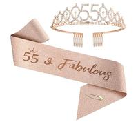 Couronne et écharpe d'anniversaire haut de gamme pour femmes, anniversaires de 1 an à 100 ans - Set de diadème en strass rose or et écharpe pour décorations (55 ans)