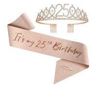 Couronne et écharpe d'anniversaire haut de gamme pour femmes de 1 an à 100 ans - Ensemble diadème en strass or rose et écharpe pour décorations (25 ans)