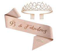 Couronne et écharpe d'anniversaire haut de gamme pour femmes, de 1 an à 100 ans - Set de diadème en strass or rose et écharpe pour décorations (95 ans)