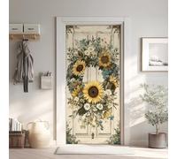 Couronne Fleur Soleil Effet 3D Sticker Porte, Fleur Floral Papier Autocollant Porte Mural Décoration, Porte Rural Bois Stickers Muraux Amovible PVC 77x200 cm 5Yl213
