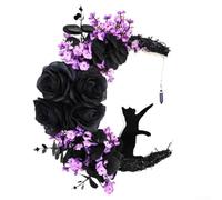 Couronne Halloween Chat Lune LED, Fleurs Noires et Vignes Sèches