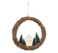 Couronne naturelle à suspendre - Ø 30 cm env. - illuminée avec maison et sapins