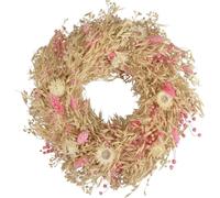 Couronne naturelle d'avoine et d'immortelles roses pour décorer une table ou une porte