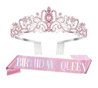 Couronne Princesse,Couronne,Diademe Femme,Echarpe Anniversaire,Birthday Girl,Couronne Anniversaire,Echarpe Miss Anniversaire,Couronne Reine Strass Cristal Tiara Kit Fille Femme Décoration Fête,Rose