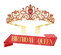 Couronne Princesse,Couronne,Diademe Femme,Echarpe Anniversaire,Birthday Girl,Couronne Anniversaire,Echarpe Miss Anniversaire,Couronne Reine Strass Cristal Tiara Kit,Rouge