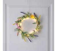 Lights4fun Couronne de Printemps Pré-Éclairée de 20 cm avec Feuillage et Fleurs Artificiels et 16 LED Blanc Chaud à Piles avec Minuterie pour Porte d'Entrée et Décoration Intérieure