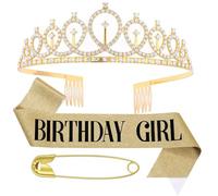 Couronne Royale à Strass et Écharpe d'Anniversaire pour Femmes - Diadème Éclatant pour Mariage, Fêtes et Coiffure Élégante (or)