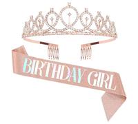 Couronne Royale à Strass et Écharpe d'Anniversaire pour Femmes - Diadème Éclatant pour Mariage, Fêtes et Coiffure Élégante (Or rose)