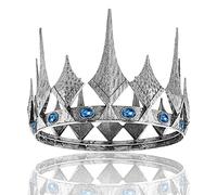 Couronne royale ronde en opale pour bal, concours de beauté, fête d'anniversaire, Saint-Valentin (taille L : 18,5 cm de diamètre, argent foncé avec pierre bleue)